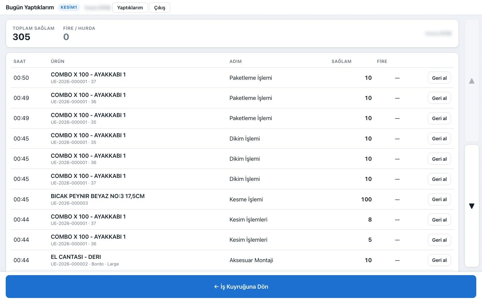 Üretim Programı — Bugün Yaptıklarım ve geri alma ekranı