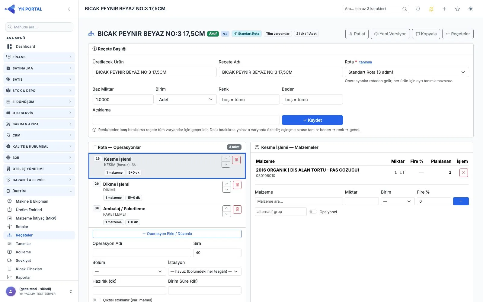Üretim Programı — Malzeme satırları ekranı